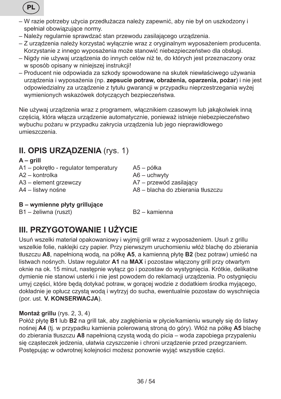 Ii. opis urządzenia (rys. 1), Iii. przygotowanie i użycie | ETA Vital User Manual | Page 36 / 64