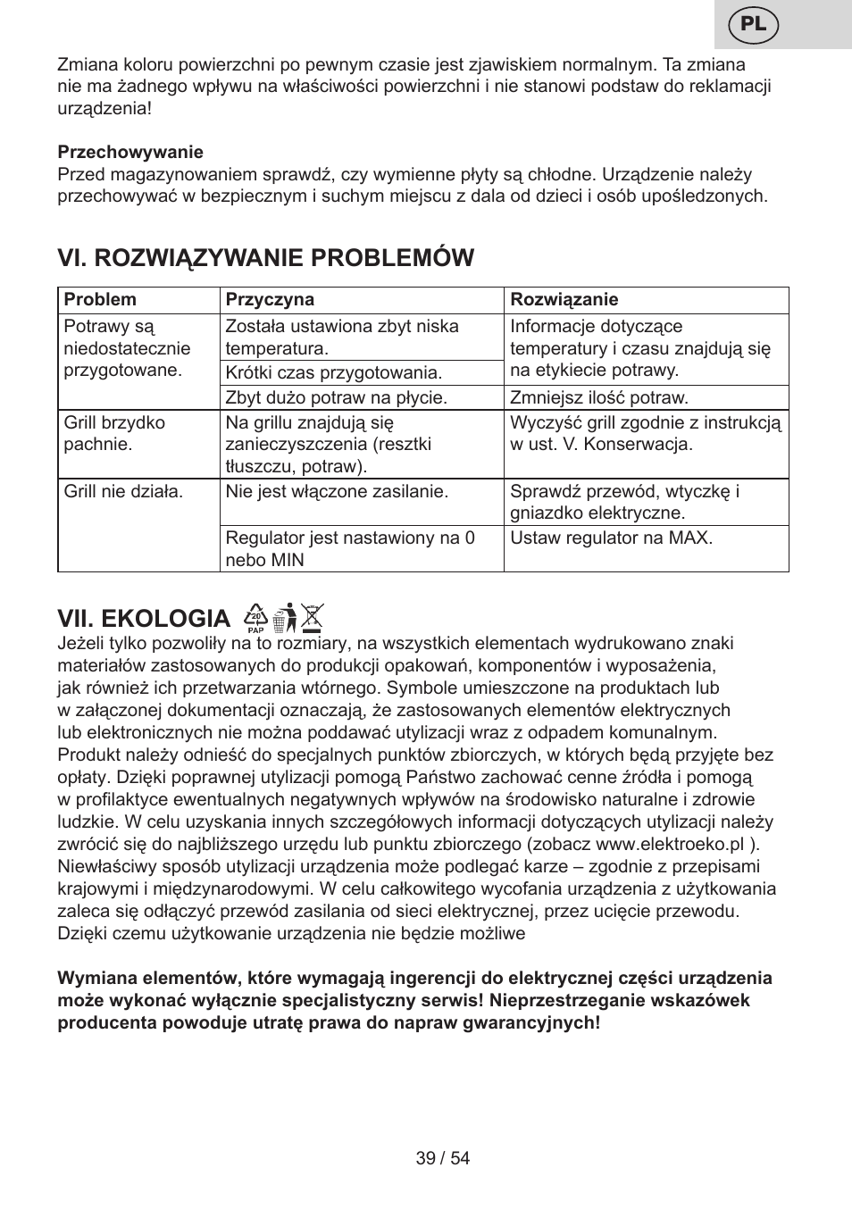 Vi. rozwiązywanie problemów, Vii. ekologia | ETA Vital User Manual | Page 39 / 64