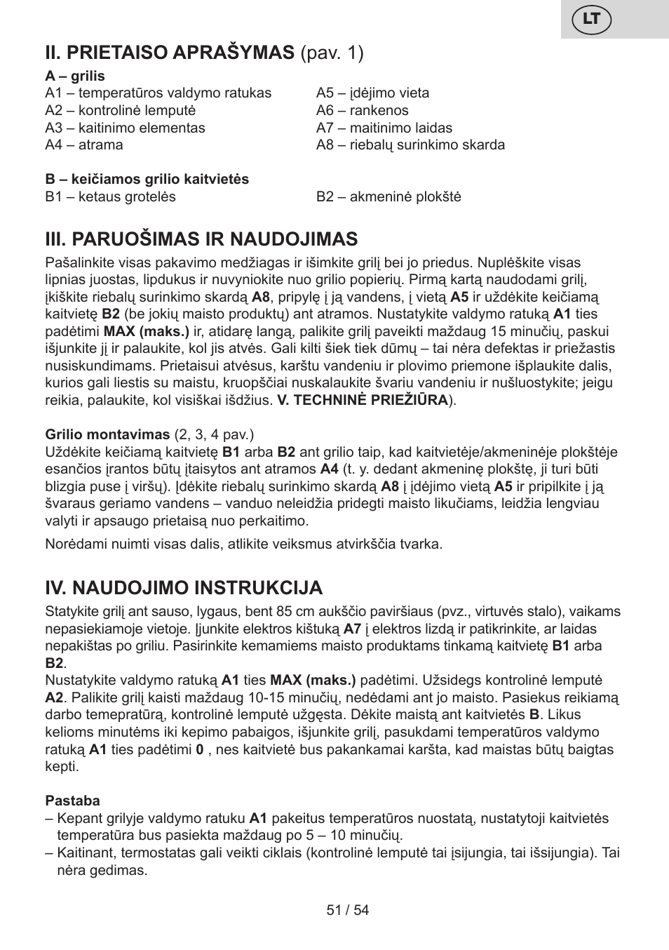 Ii. prietaiso aprašymas (pav. 1), Iii. paruošimas ir naudojimas, Iv. naudojimo instrukcija | ETA Vital User Manual | Page 51 / 64