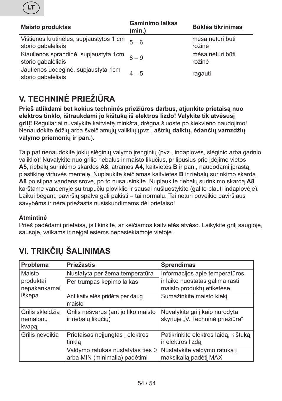 V. techninė priežiūra, Vi. trikčių šalinimas | ETA Vital User Manual | Page 54 / 64