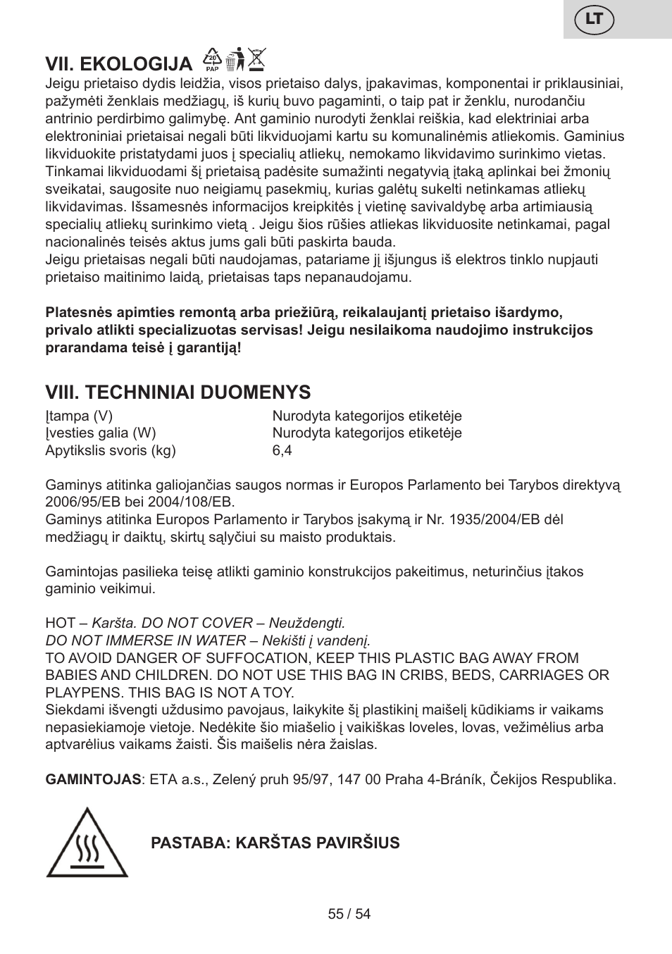 Vii. ekologija, Viii. techniniai duomenys | ETA Vital User Manual | Page 55 / 64