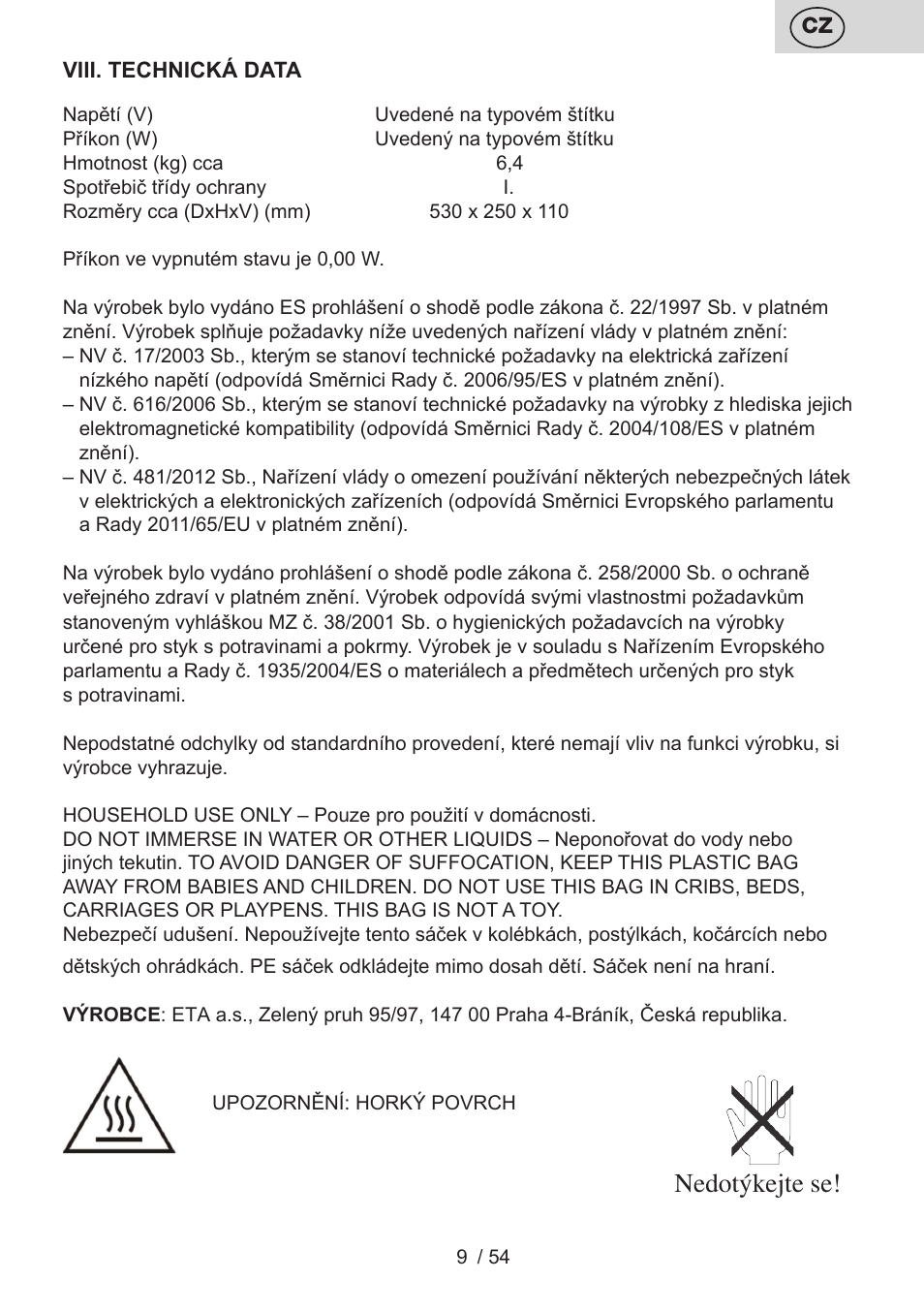 Nedotýkejte se | ETA Vital User Manual | Page 9 / 64