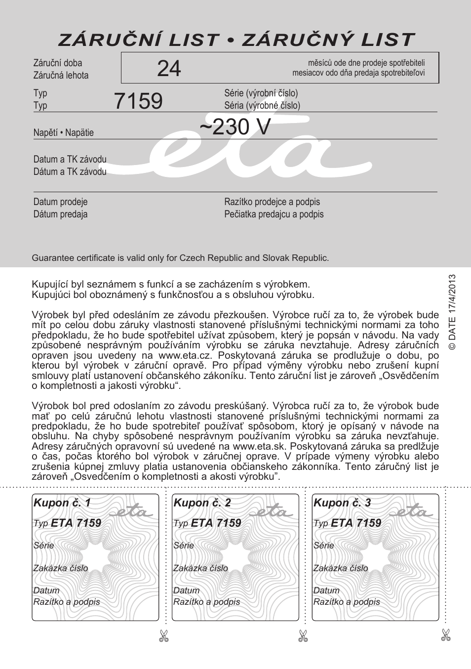 List, Záruční list • záručný | ETA Raclette User Manual | Page 44 / 44