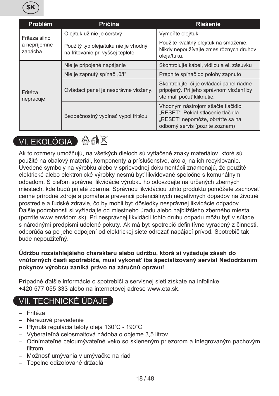 Vi. ekológia, Vii. technické údaje | ETA Fricool User Manual | Page 18 / 52