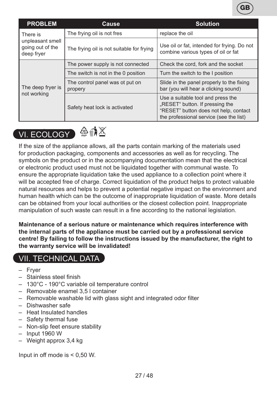 Vi. ecology, Vii. technical data | ETA Fricool User Manual | Page 27 / 52