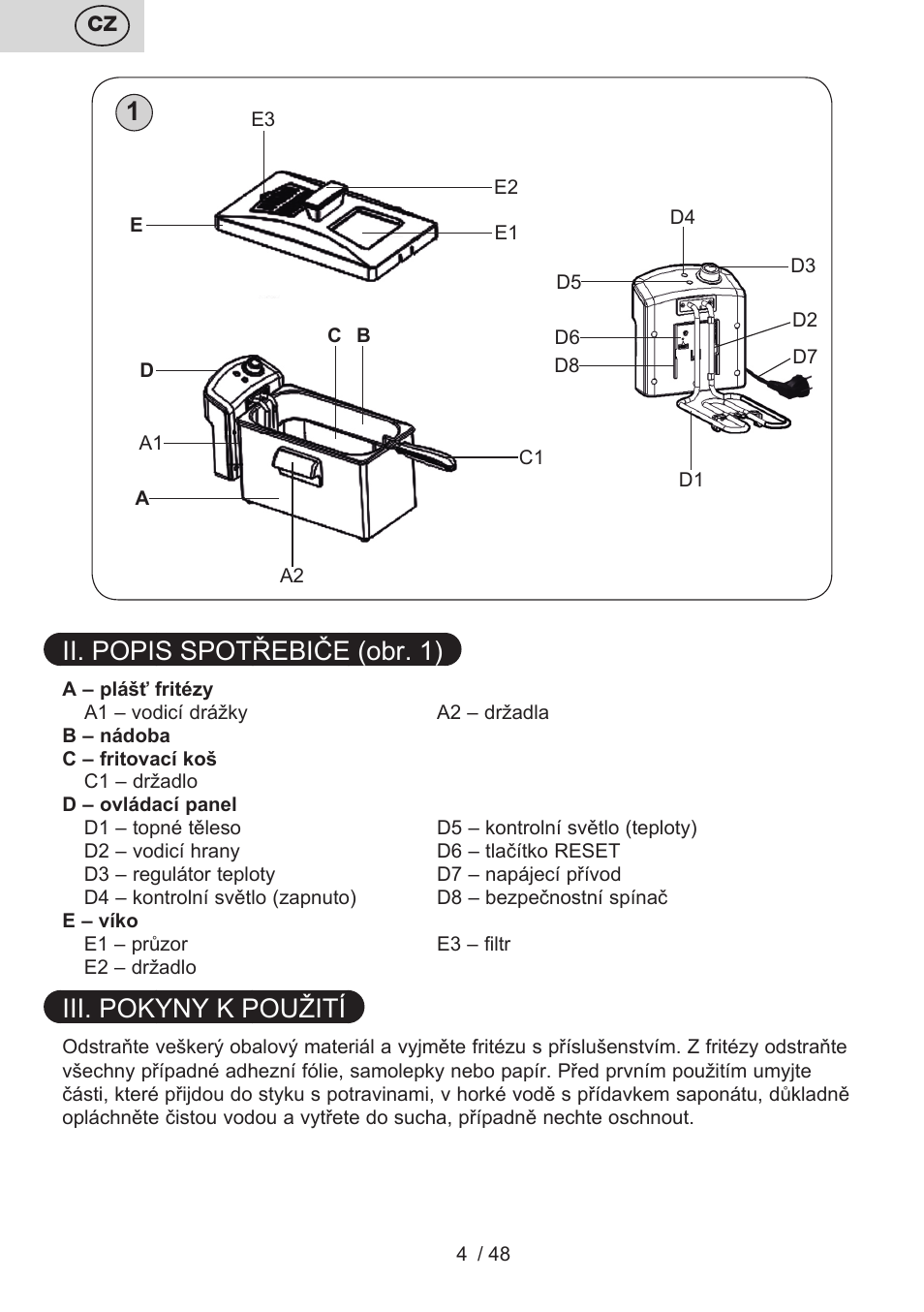 Ii. popis spotřebiče (obr. 1), Iii. pokyny k použití | ETA Fricool User Manual | Page 4 / 52