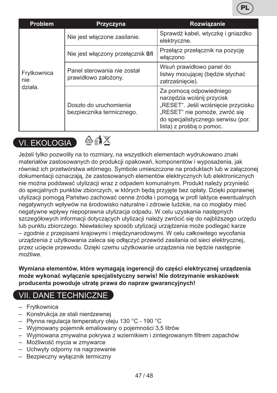 Vi. ekologia, Vii. dane techniczne | ETA Fricool User Manual | Page 47 / 52