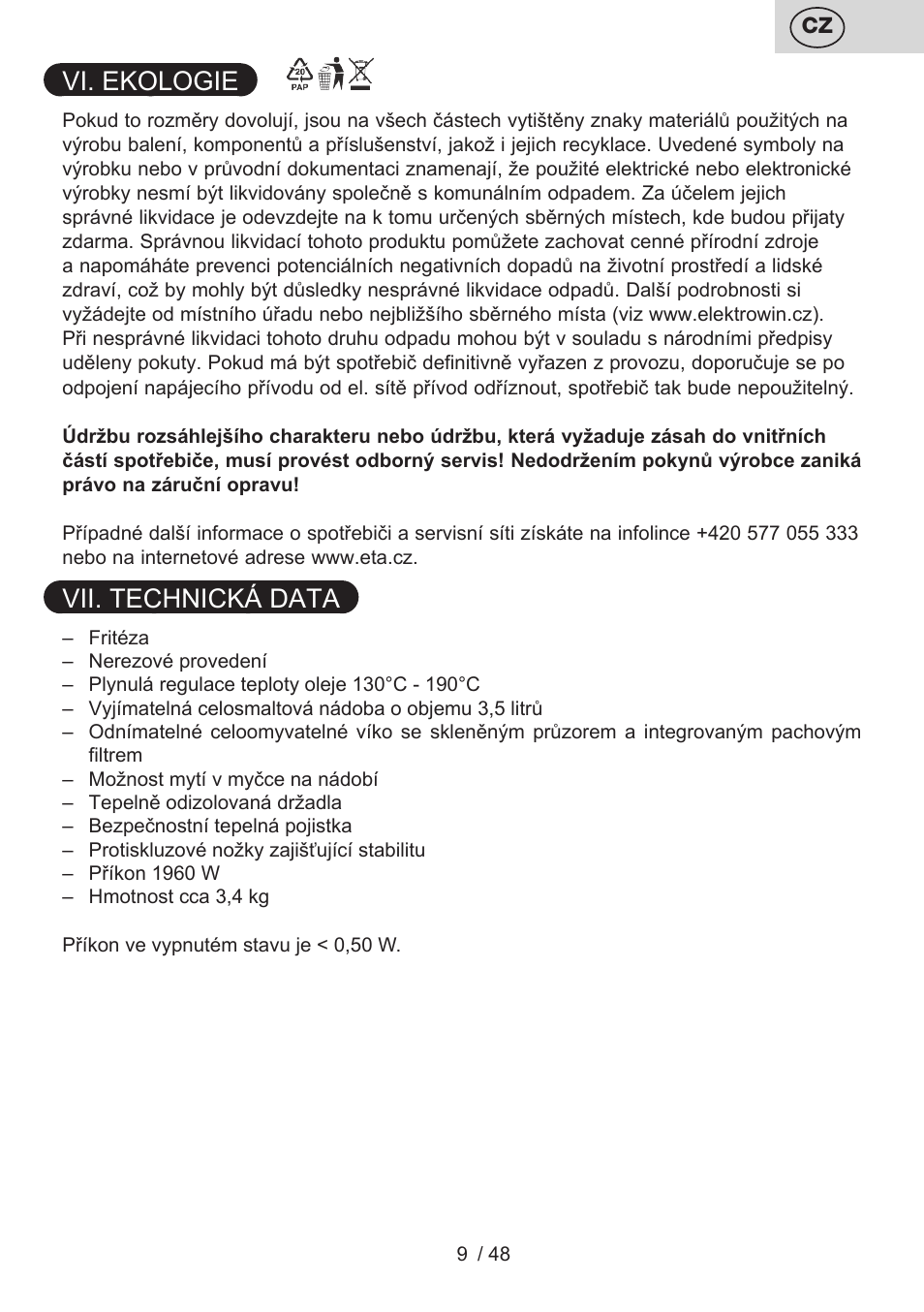 Vi. ekologie, Vii. technická data | ETA Fricool User Manual | Page 9 / 52