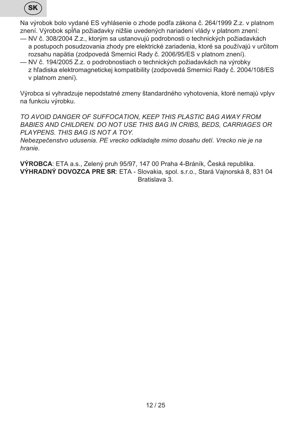 ETA Dvouplotýnkový vařič User Manual | Page 12 / 28