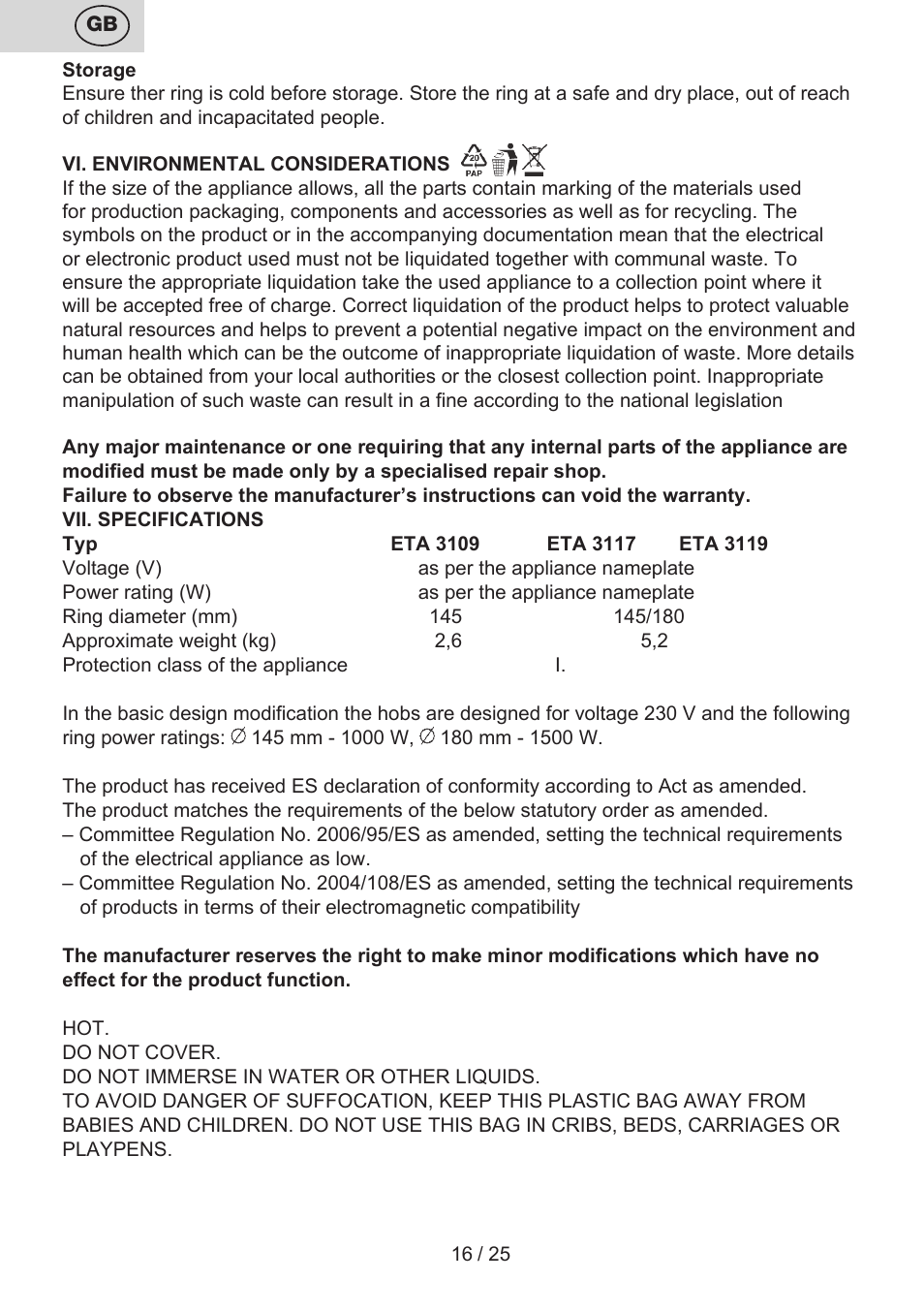 ETA Dvouplotýnkový vařič User Manual | Page 16 / 28