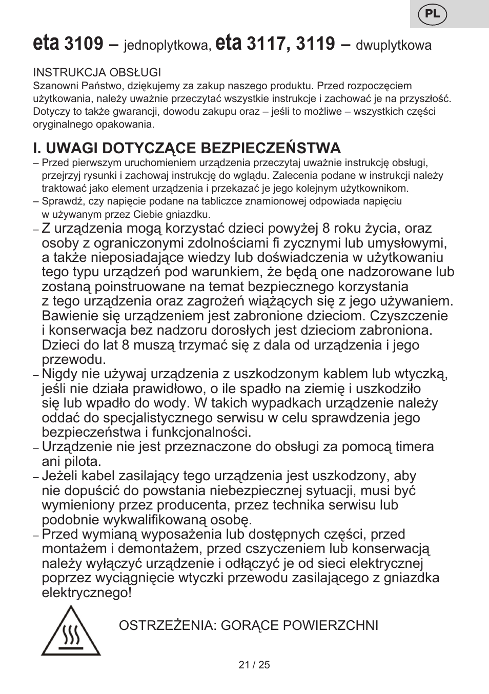 ETA Dvouplotýnkový vařič User Manual | Page 21 / 28