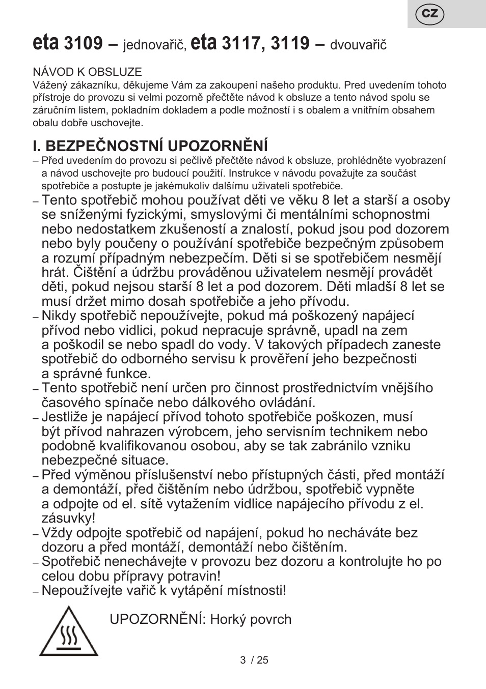 I. bezpečnostní upozornění | ETA Dvouplotýnkový vařič User Manual | Page 3 / 28