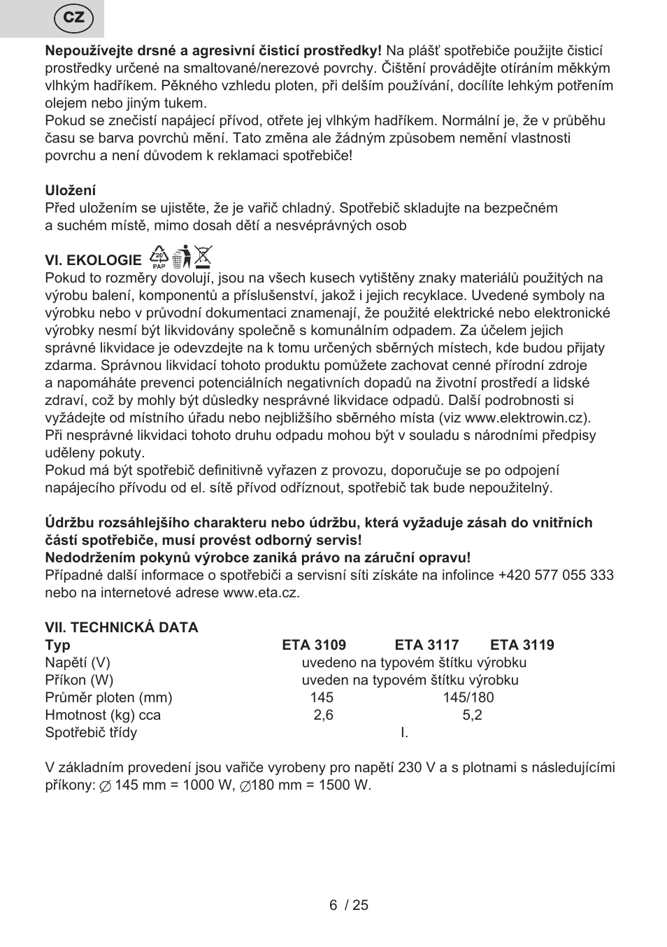 ETA Dvouplotýnkový vařič User Manual | Page 6 / 28