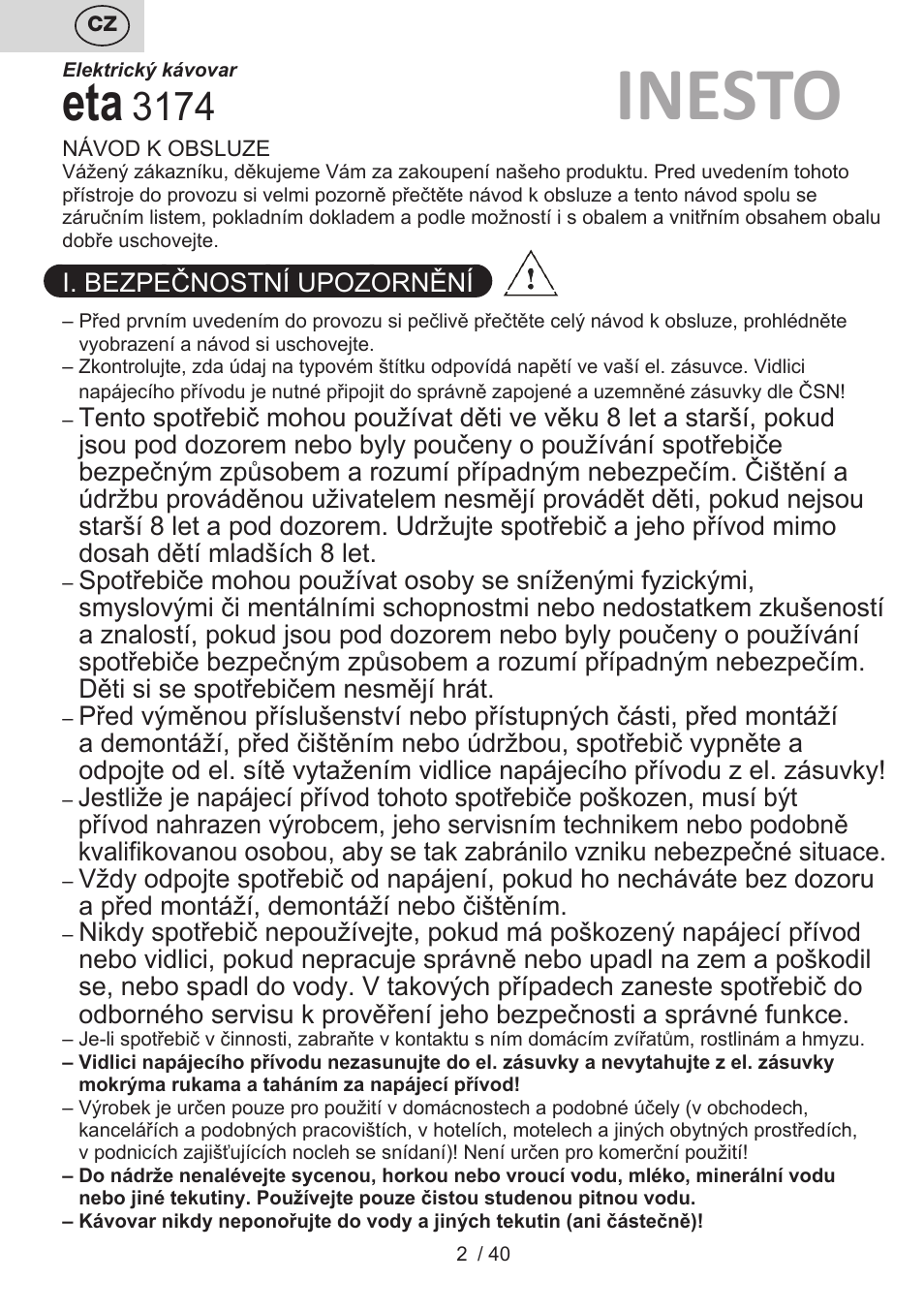 Inesto | ETA Kávovar Inesto User Manual | Page 2 / 44