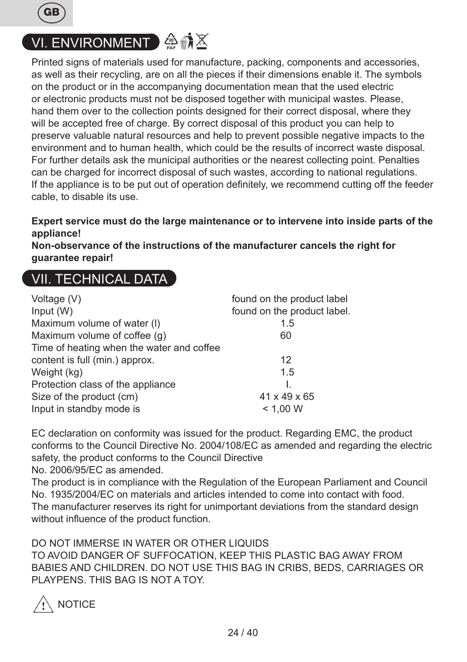 Vi. environment, Vii. technical data | ETA Kávovar Inesto User Manual | Page 24 / 44