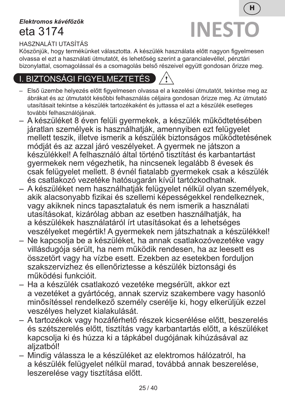 Inesto, Eta 3174 | ETA Kávovar Inesto User Manual | Page 25 / 44