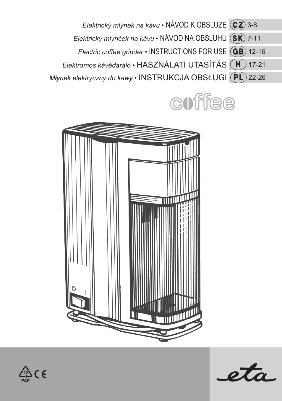ETA Mlýnek na kávu User Manual | 28 pages