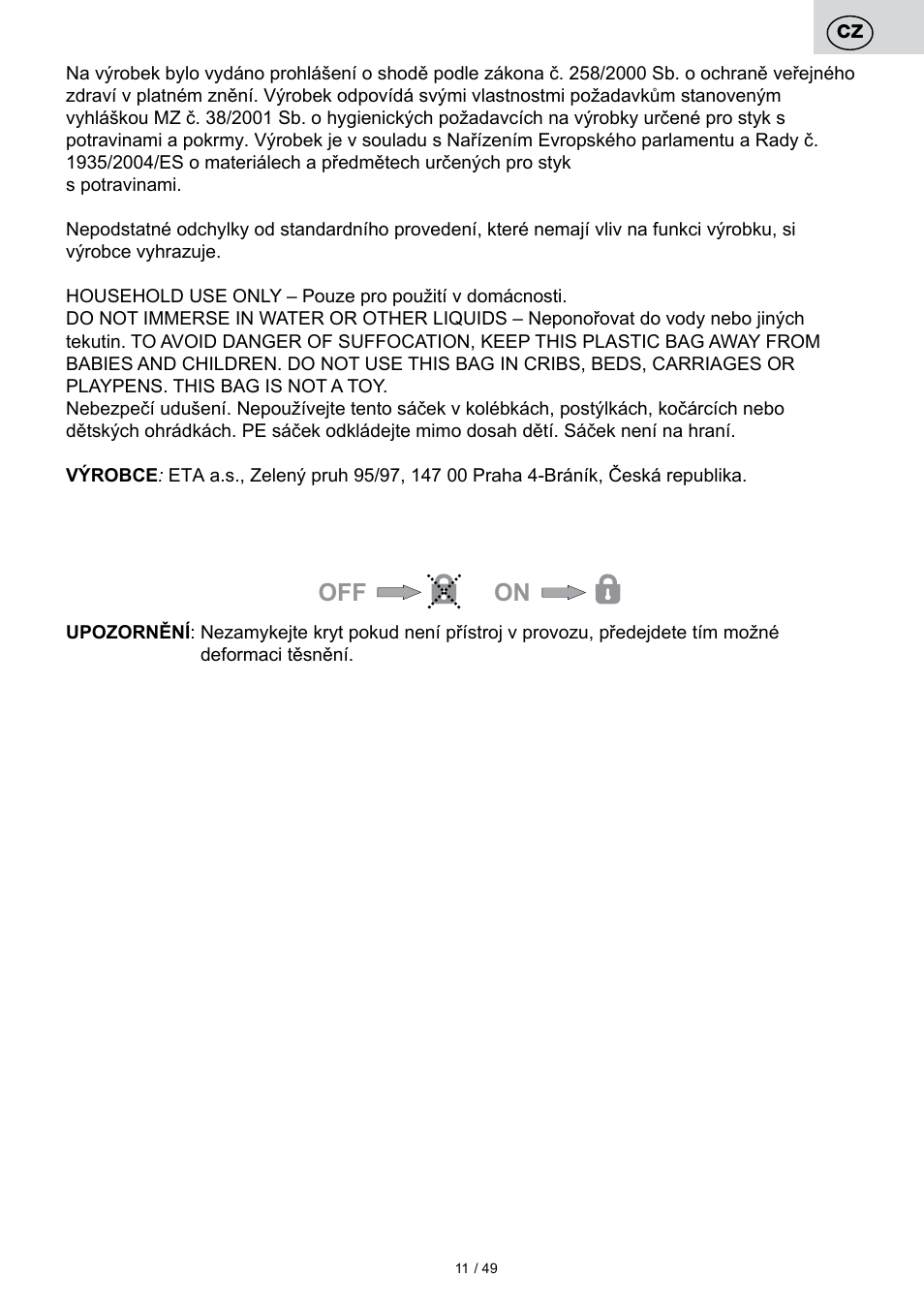 Off on | ETA Svářečka fólií Freshie User Manual | Page 11 / 52