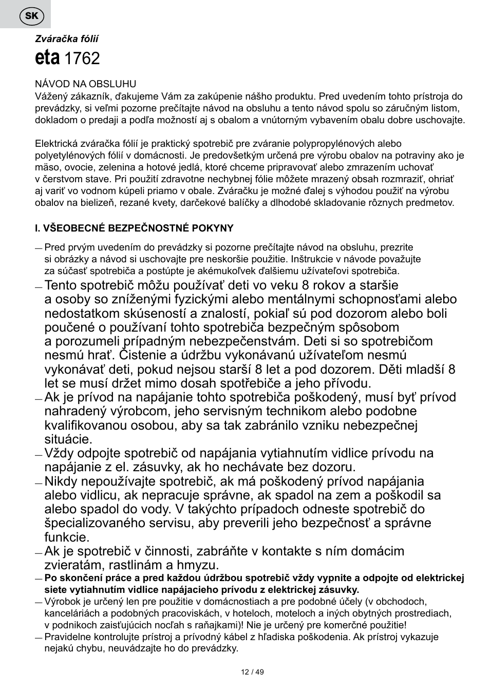 ETA Svářečka fólií Freshie User Manual | Page 12 / 52