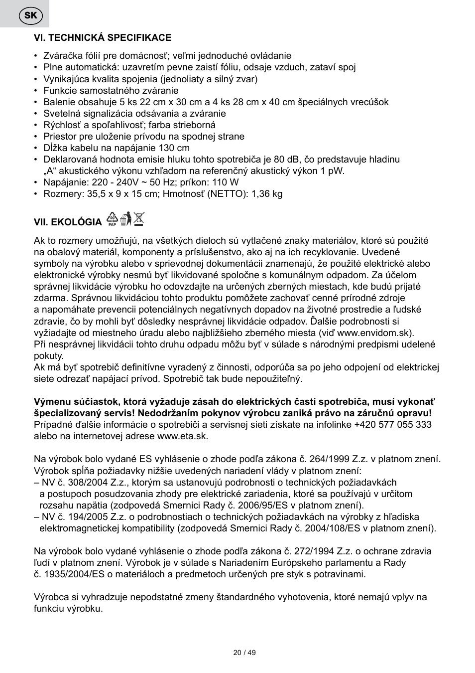 ETA Svářečka fólií Freshie User Manual | Page 20 / 52