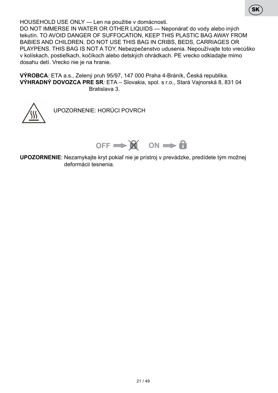 Off on | ETA Svářečka fólií Freshie User Manual | Page 21 / 52