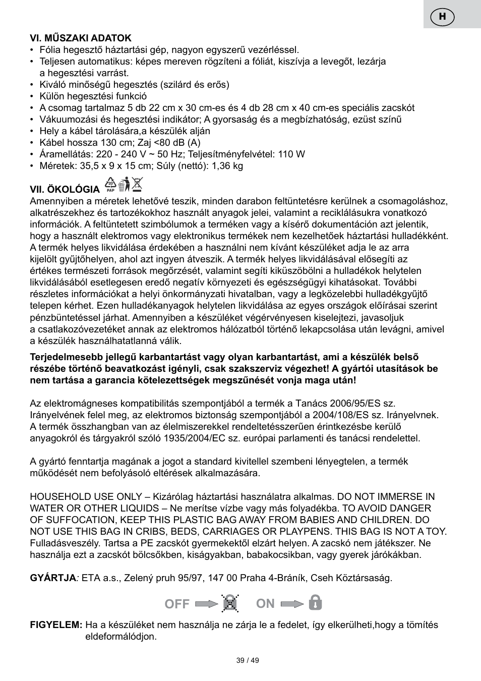 Off on | ETA Svářečka fólií Freshie User Manual | Page 39 / 52