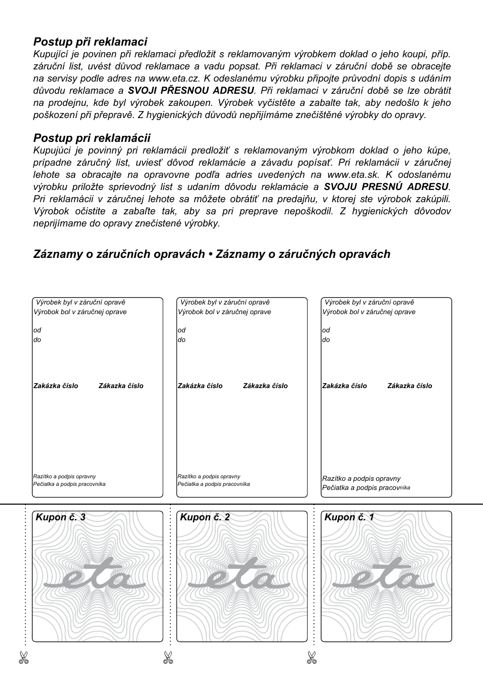 Postup při reklamaci, Postup pri reklamácii | ETA Svářečka fólií Freshie User Manual | Page 51 / 52