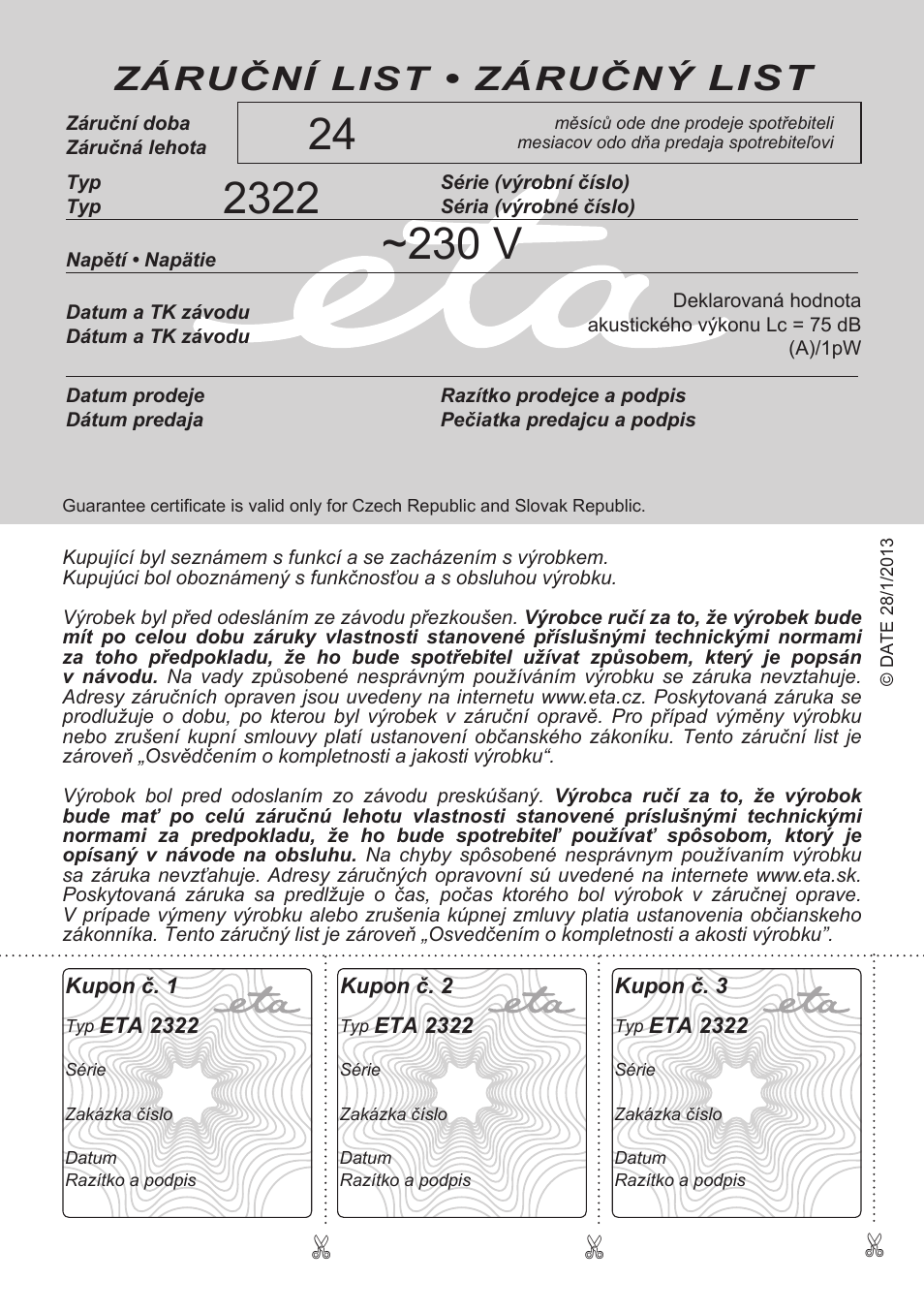 List, Záruční list • záručný | ETA Carolin User Manual | Page 40 / 40