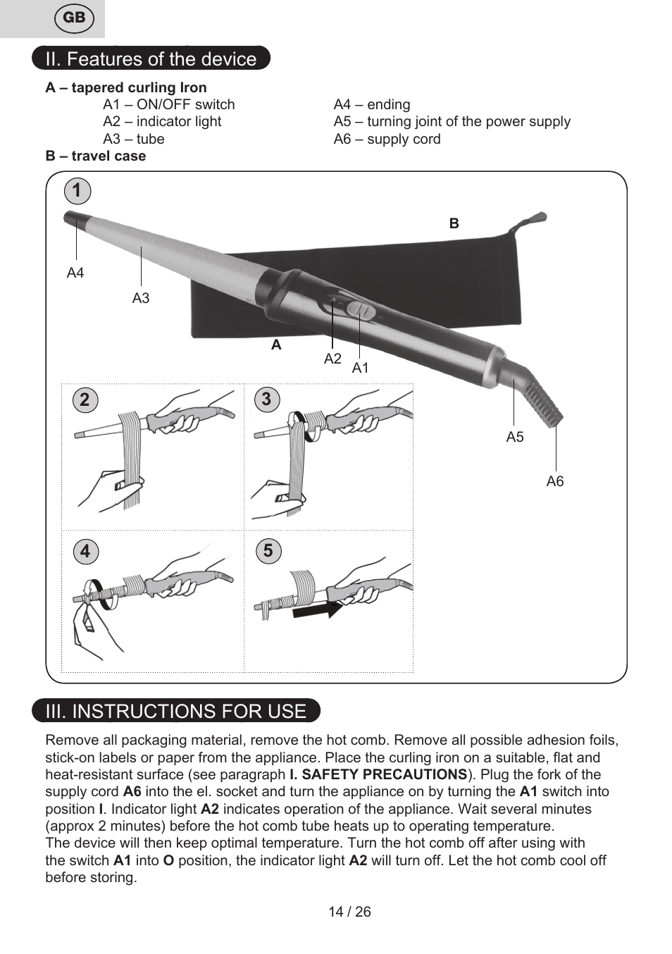 Ii. features of the device, Iii. instructions for use | ETA Liliana Klešťová kulma User Manual | Page 14 / 28