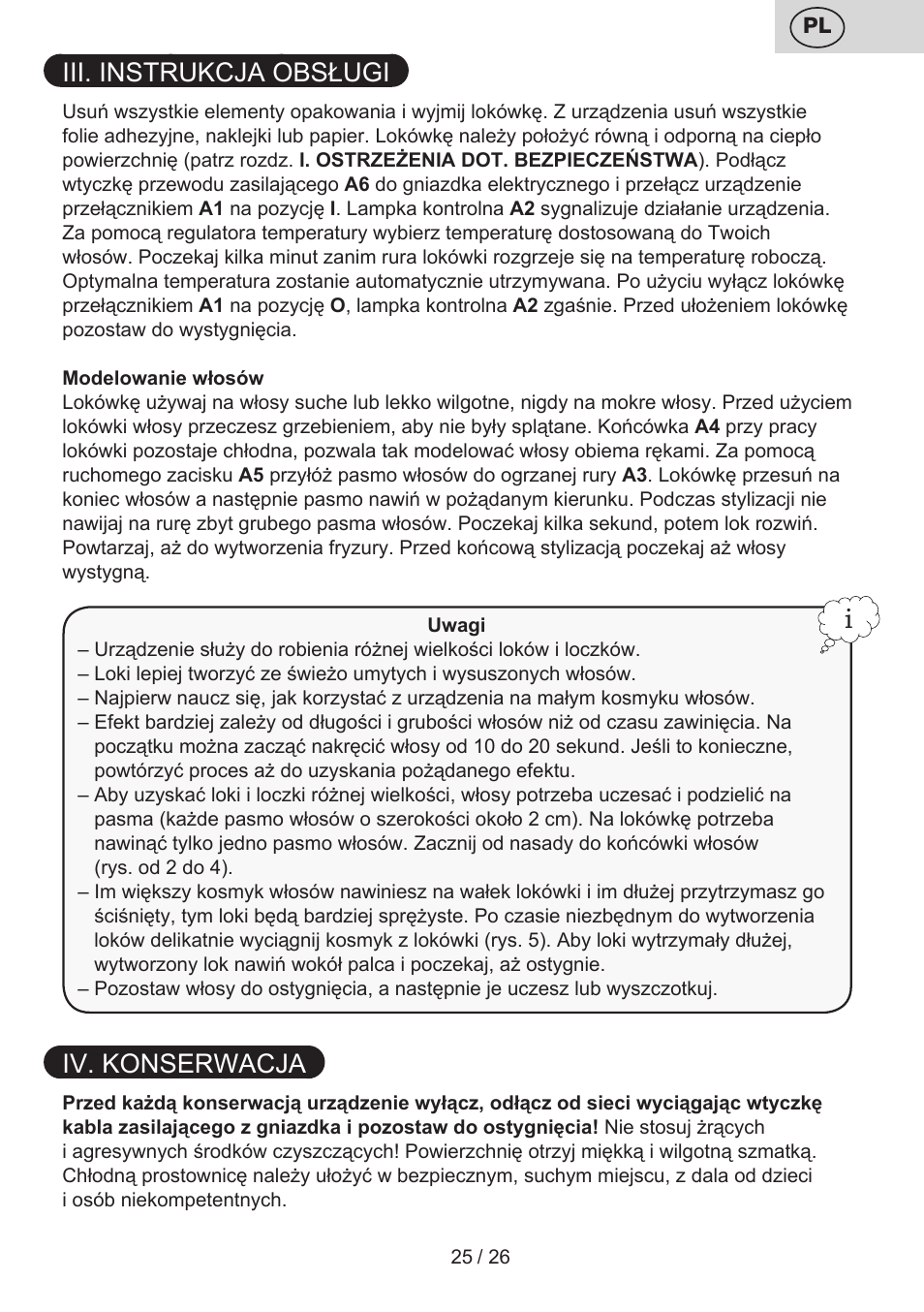 Iii. instrukcja obsługi, Iv. konserwacja | ETA Liliana Klešťová kulma User Manual | Page 25 / 28