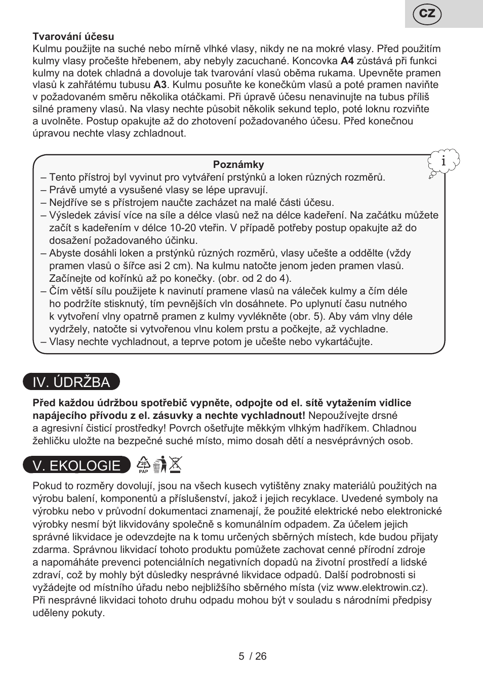 Iv. údržba, V. ekologie | ETA Liliana Klešťová kulma User Manual | Page 5 / 28