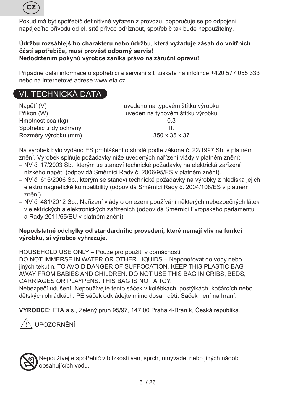 Vi. technická data | ETA Liliana Klešťová kulma User Manual | Page 6 / 28