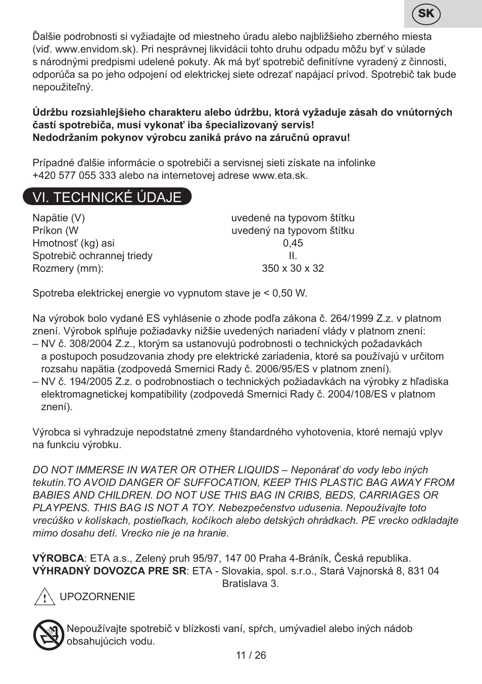 Vi. technické údaje | ETA Žehlička na vlasy 4336 User Manual | Page 11 / 28