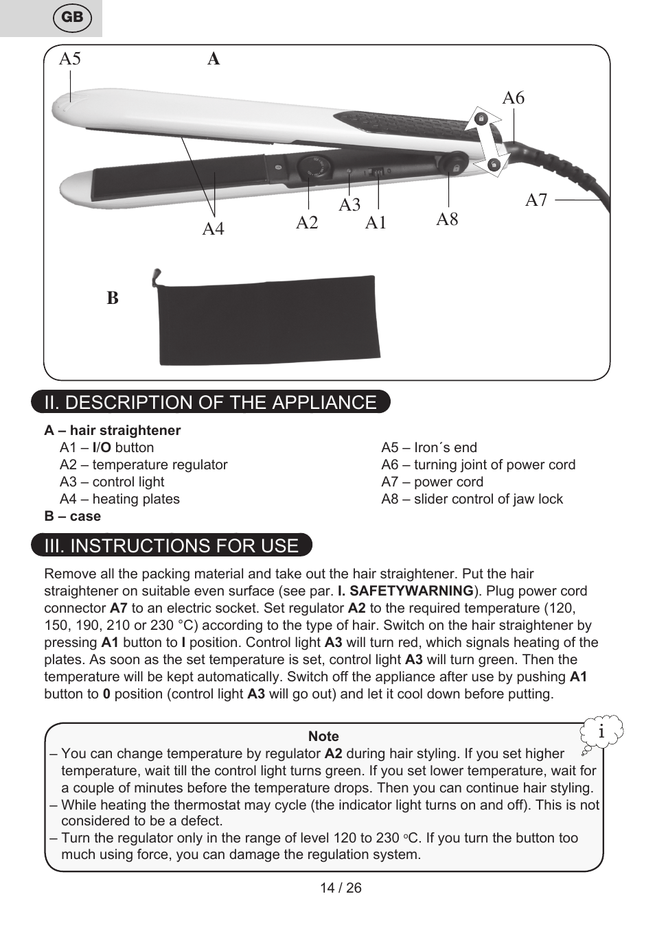 Ii. description of the appliance, Iii. instructions for use | ETA Žehlička na vlasy 4336 User Manual | Page 14 / 28
