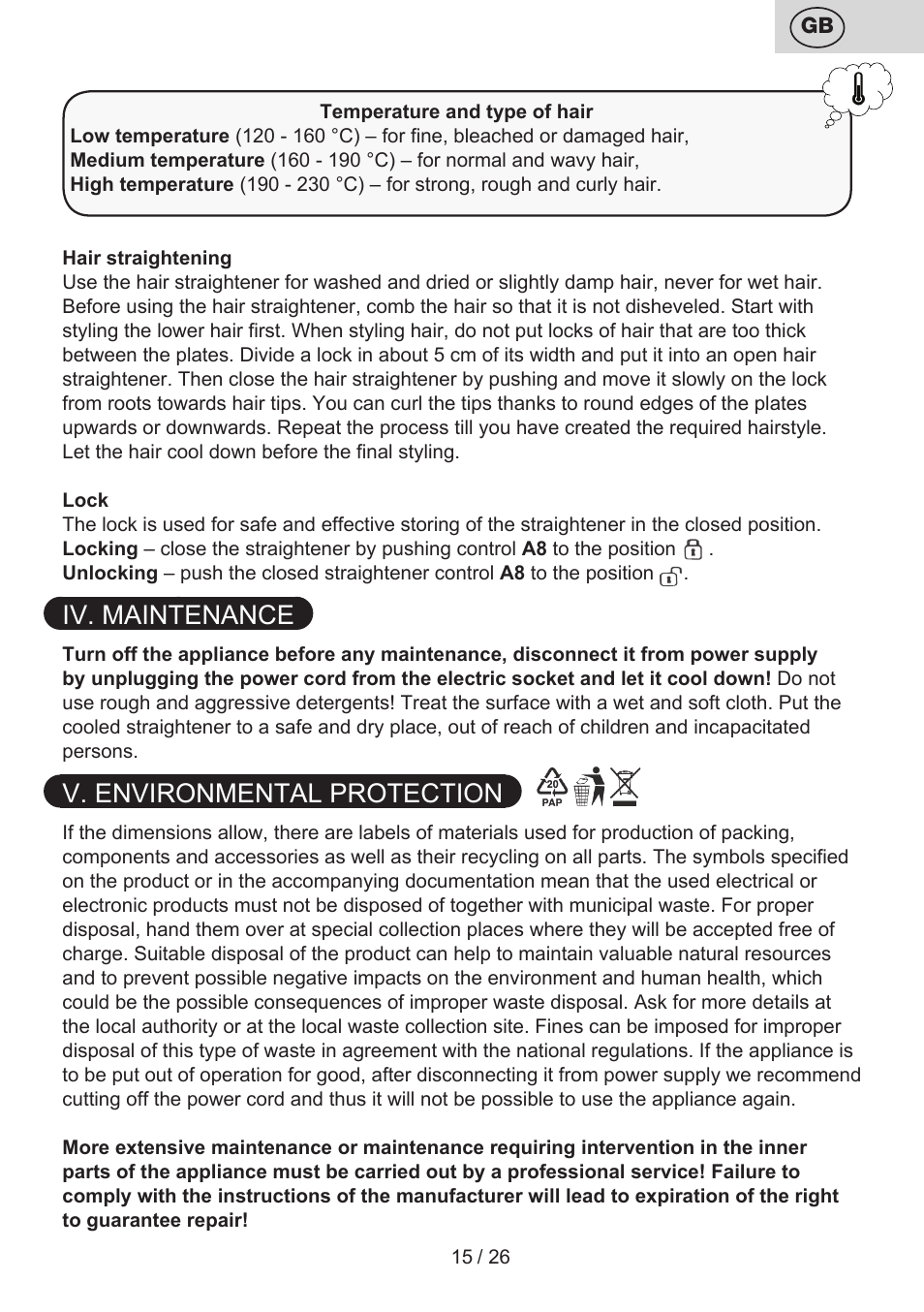 Iv. maintenance, V. environmental protection | ETA Žehlička na vlasy 4336 User Manual | Page 15 / 28