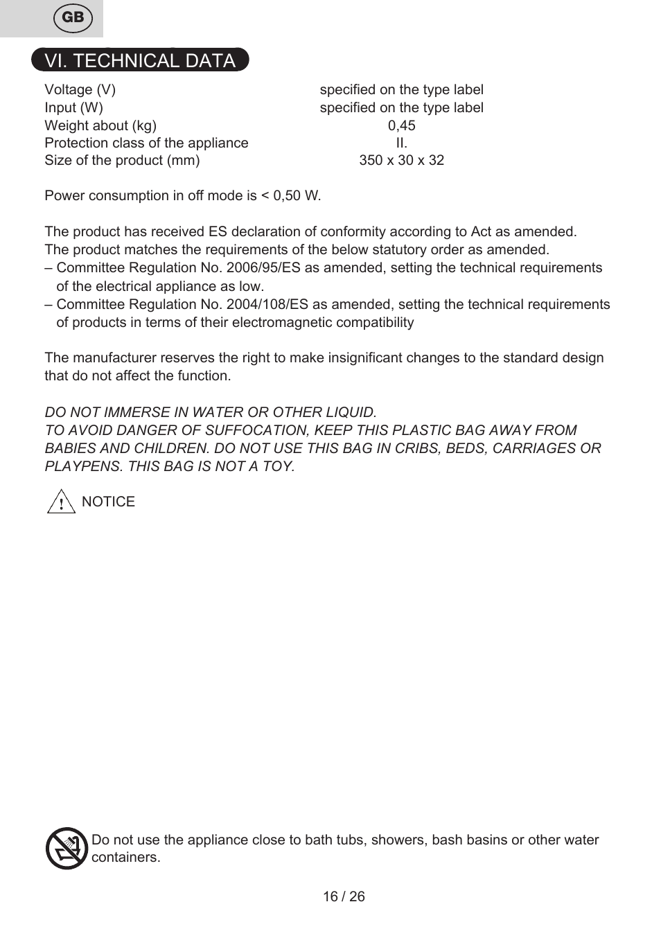 Vi. technical data | ETA Žehlička na vlasy 4336 User Manual | Page 16 / 28