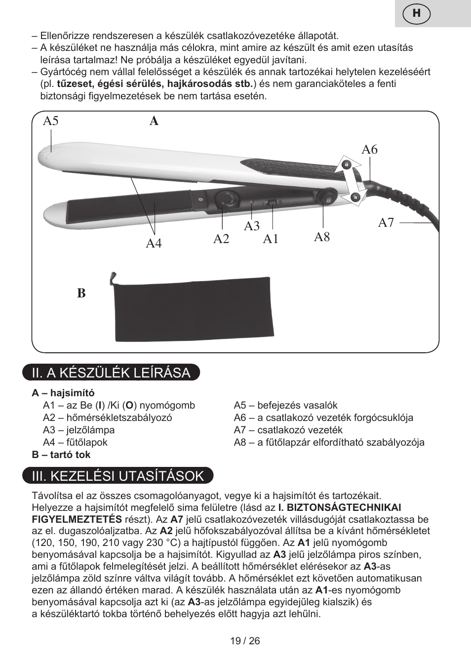 Ii. a készülék leírása, Iii. kezelési utasítások | ETA Žehlička na vlasy 4336 User Manual | Page 19 / 28