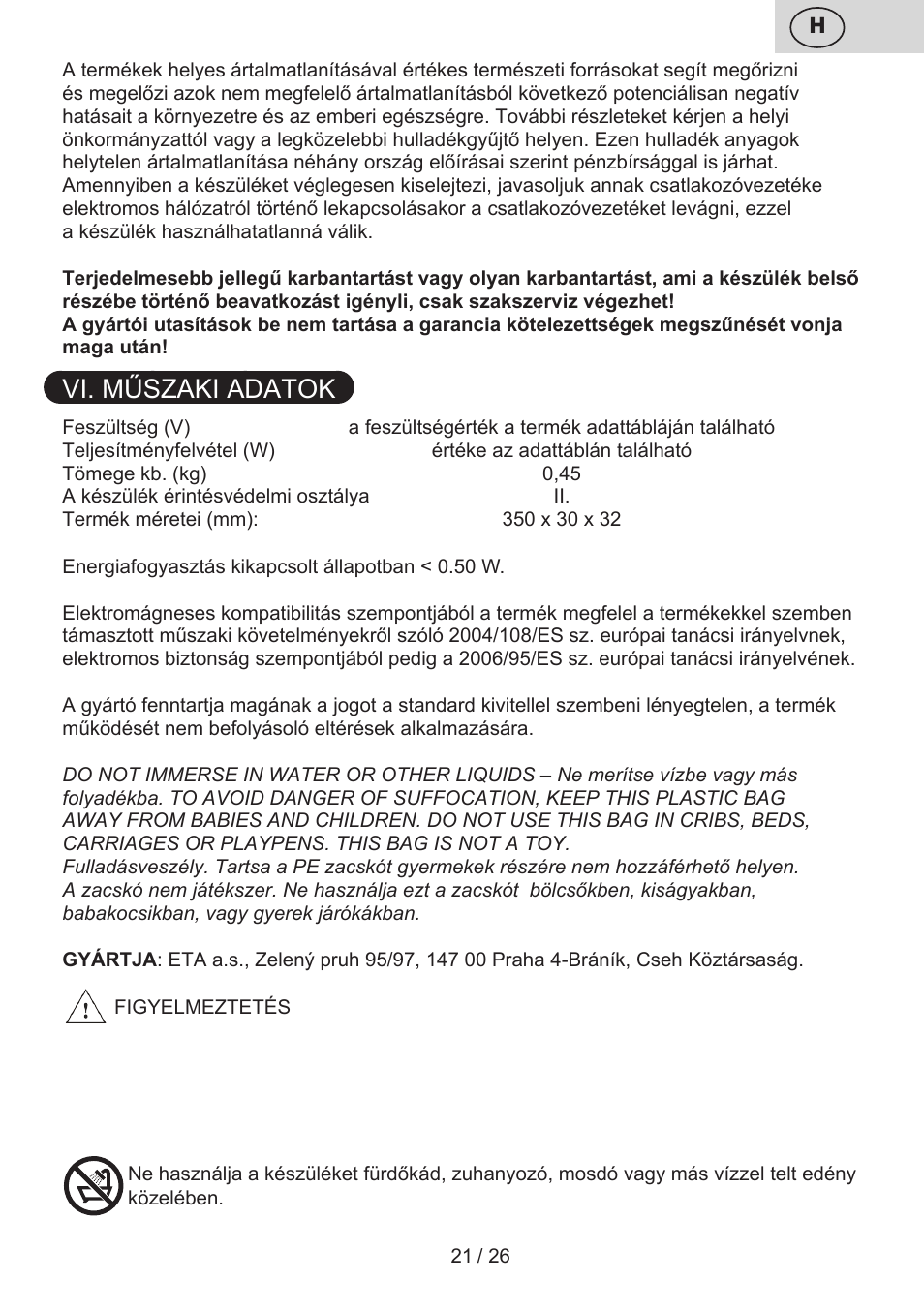 Vi. műszaki adatok | ETA Žehlička na vlasy 4336 User Manual | Page 21 / 28