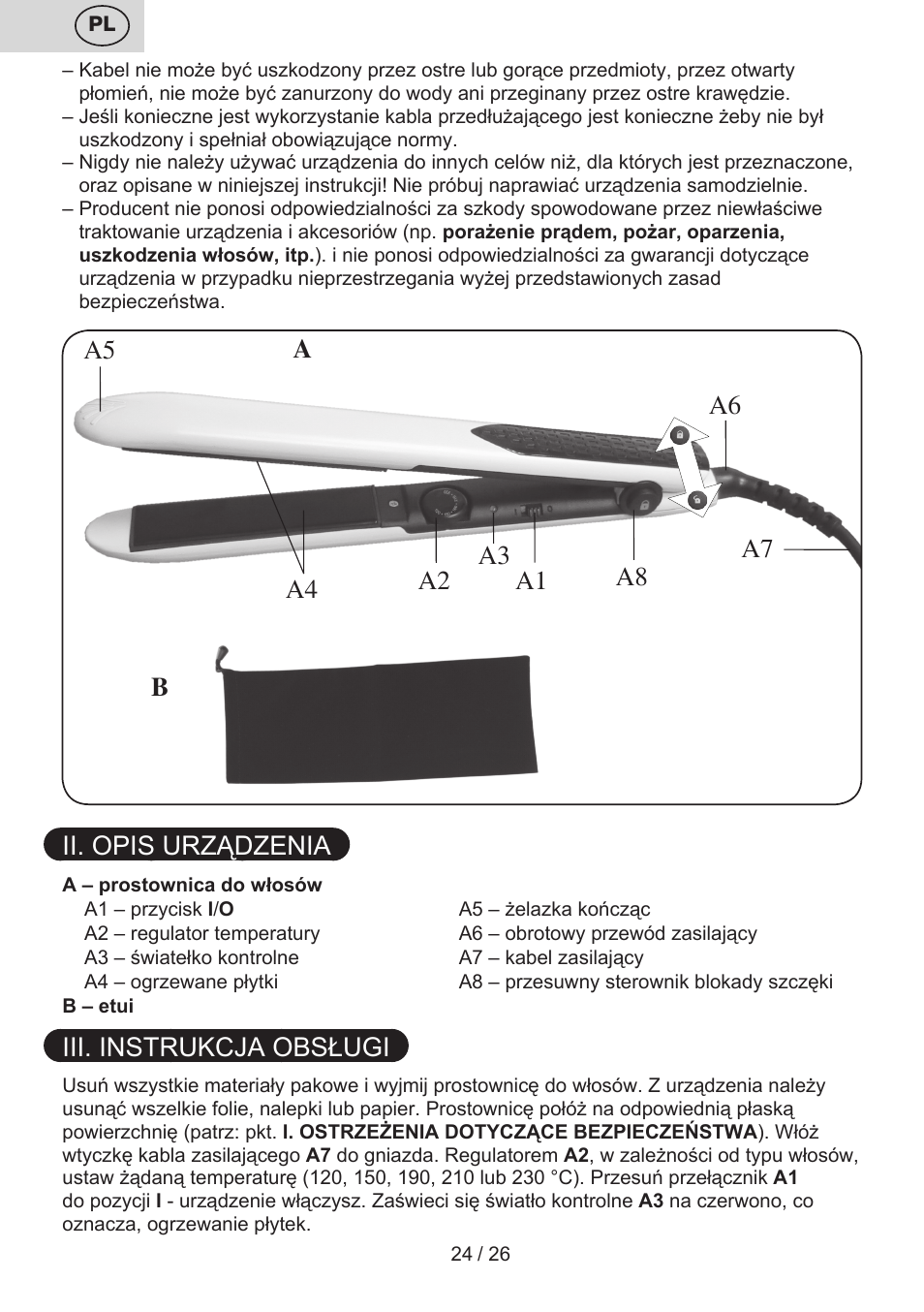 Ii. opis urządzenia, Iii. instrukcja obsługi | ETA Žehlička na vlasy 4336 User Manual | Page 24 / 28