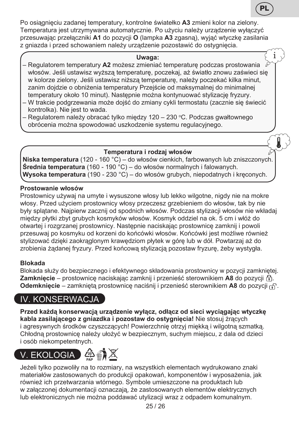 Iv. konserwacja, V. ekologia | ETA Žehlička na vlasy 4336 User Manual | Page 25 / 28