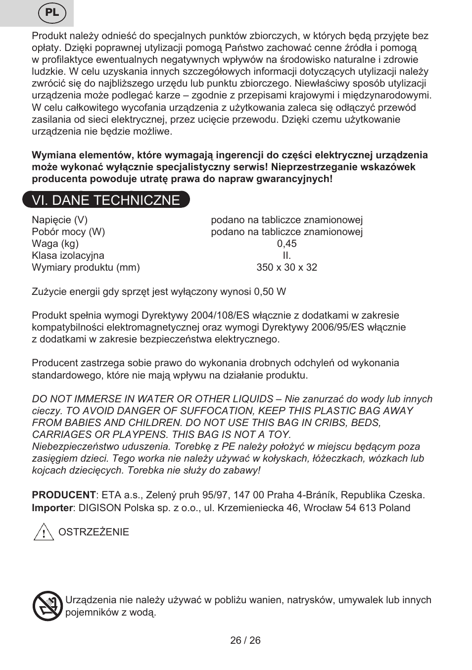 Vi. dane techniczne | ETA Žehlička na vlasy 4336 User Manual | Page 26 / 28