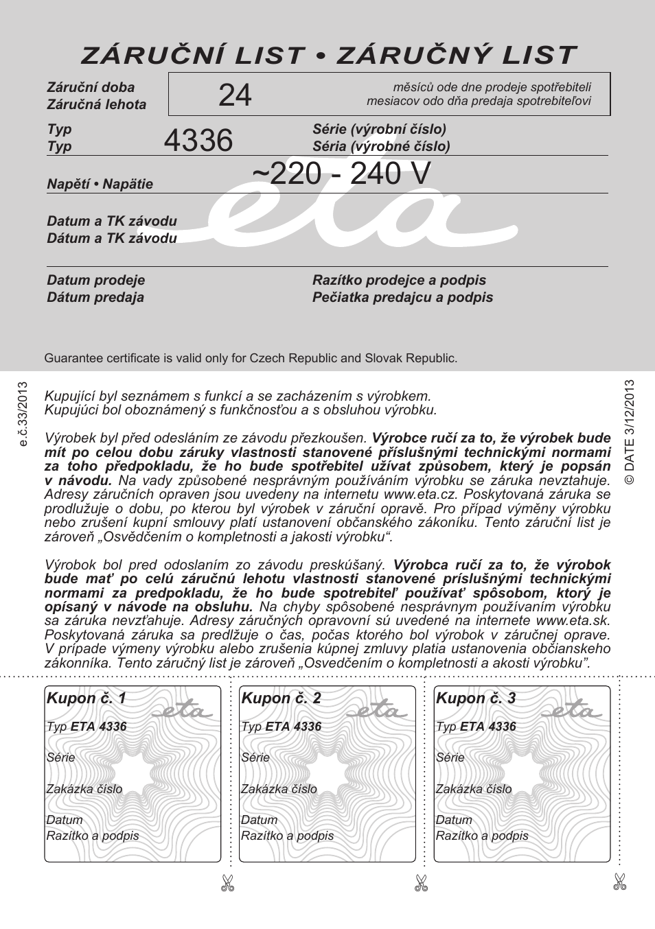 List, Záruční list • záručný | ETA Žehlička na vlasy 4336 User Manual | Page 28 / 28