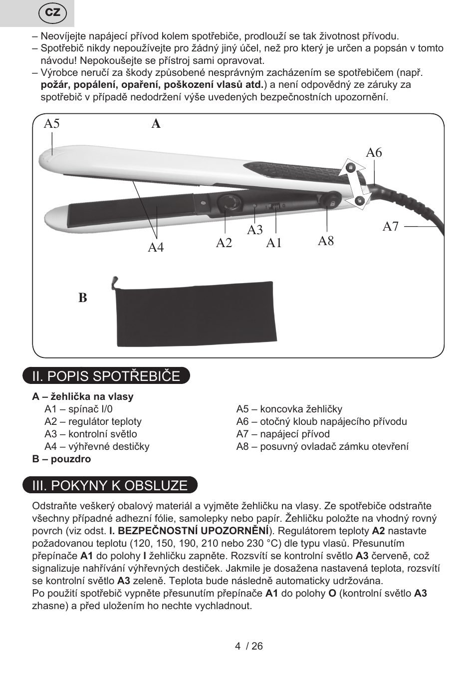 Ii. popis spotřebiče, Iii. pokyny k obsluze | ETA Žehlička na vlasy 4336 User Manual | Page 4 / 28