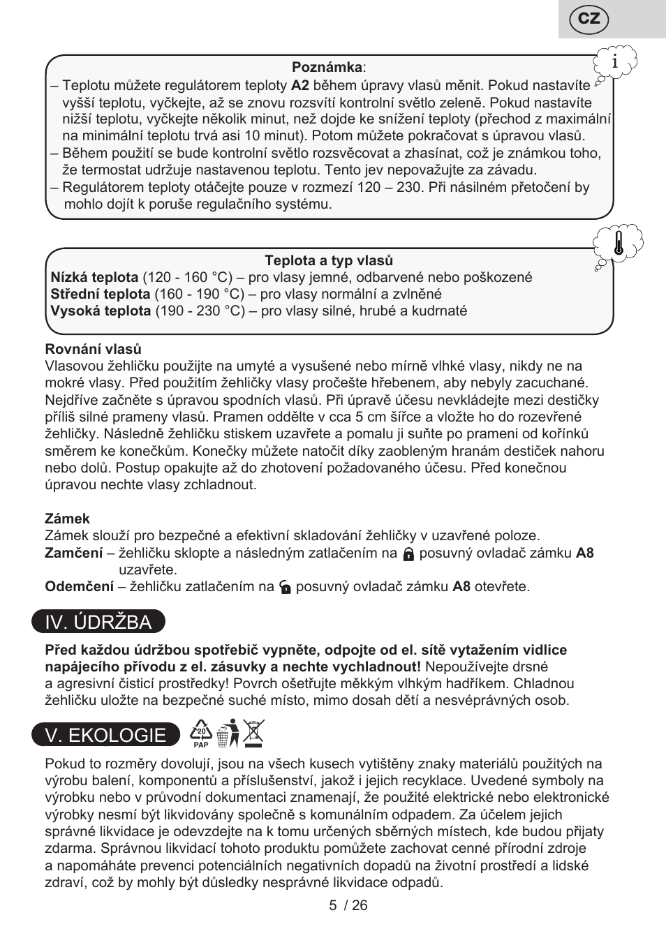 Iv. údržba, V. ekologie | ETA Žehlička na vlasy 4336 User Manual | Page 5 / 28