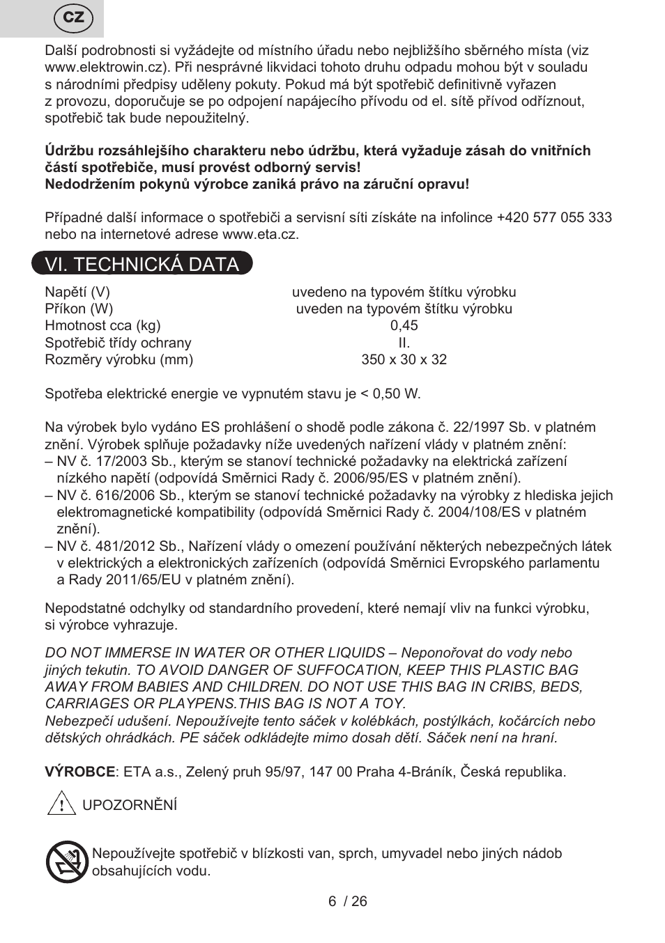 Vi. technická data | ETA Žehlička na vlasy 4336 User Manual | Page 6 / 28