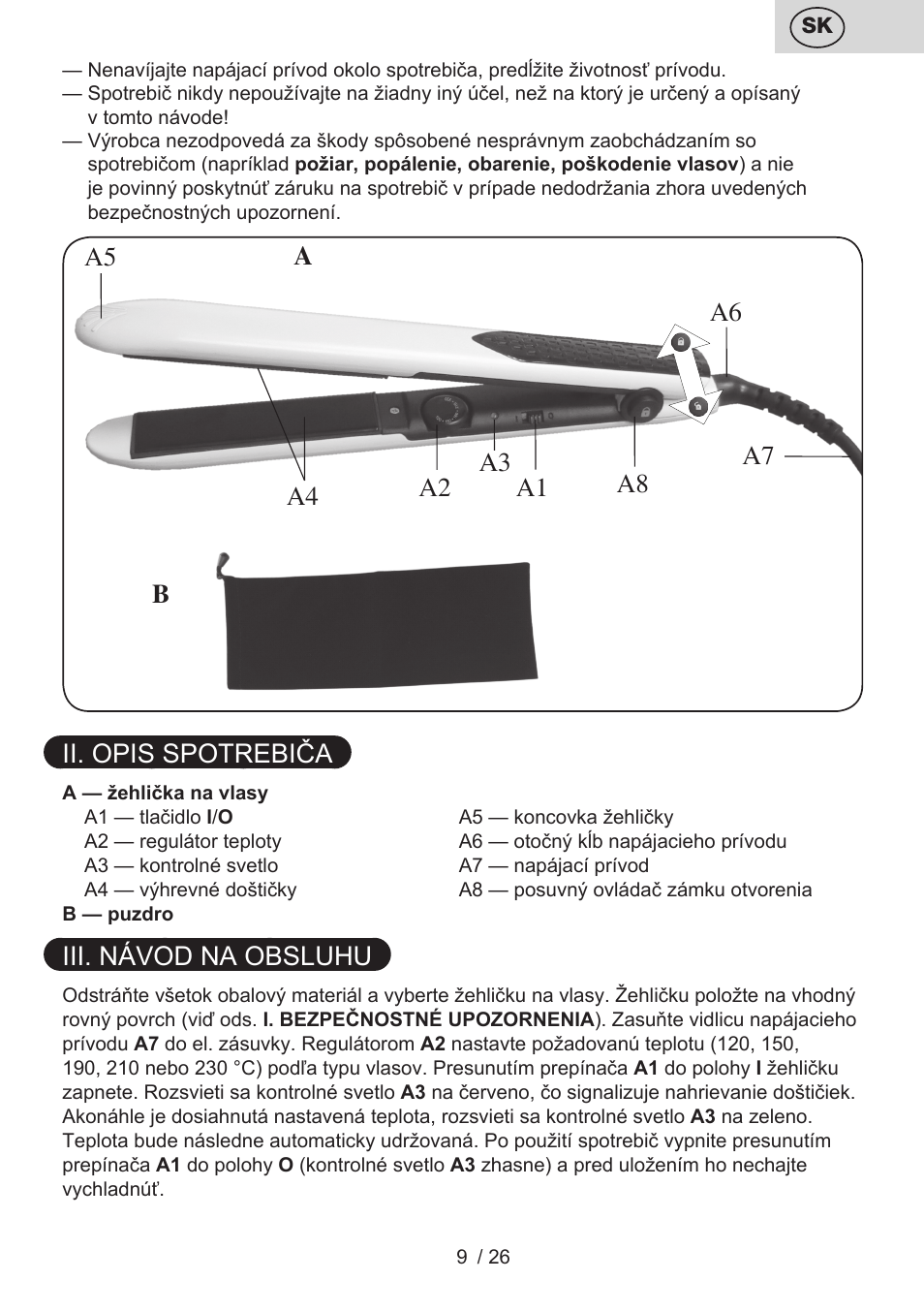 Ii. opis spotrebiča, Iii. návod na obsluhu | ETA Žehlička na vlasy 4336 User Manual | Page 9 / 28