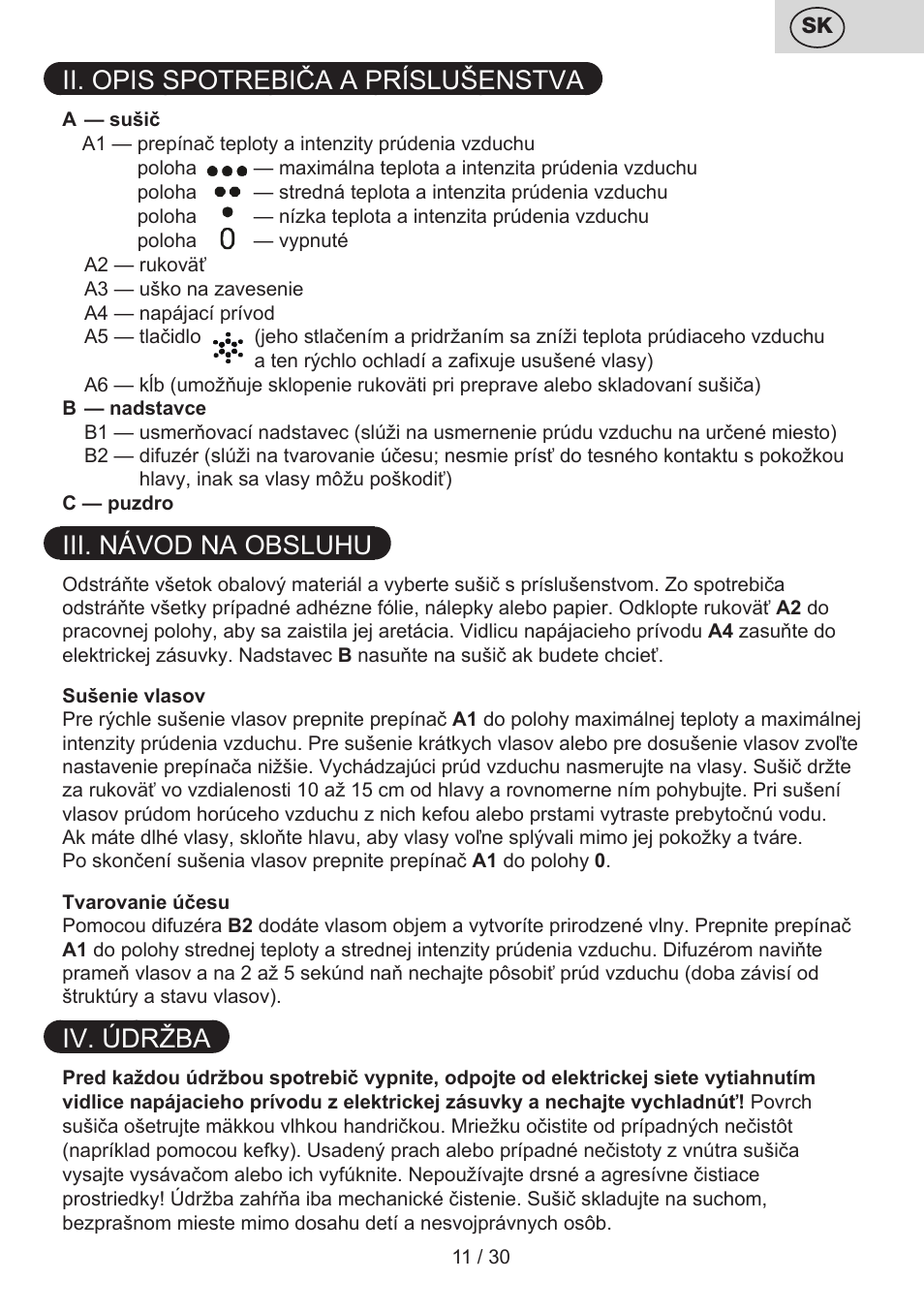 Ii. opis spotrebiča a príslušenstva, Iii. návod na obsluhu, Iv. údržba | ETA Liliana User Manual | Page 11 / 32
