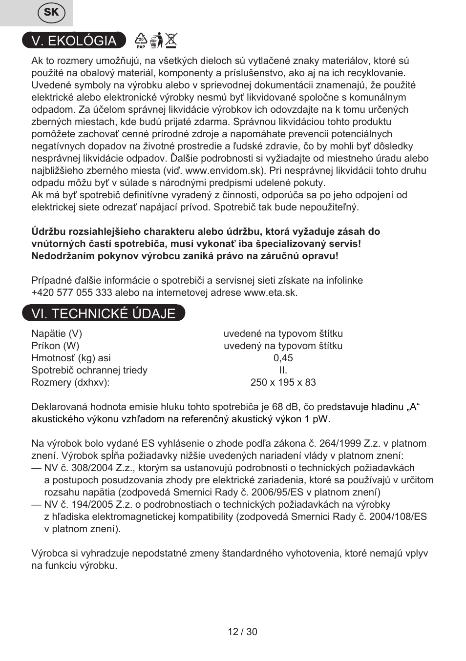 V. ekológia, Vi. technické údaje | ETA Liliana User Manual | Page 12 / 32