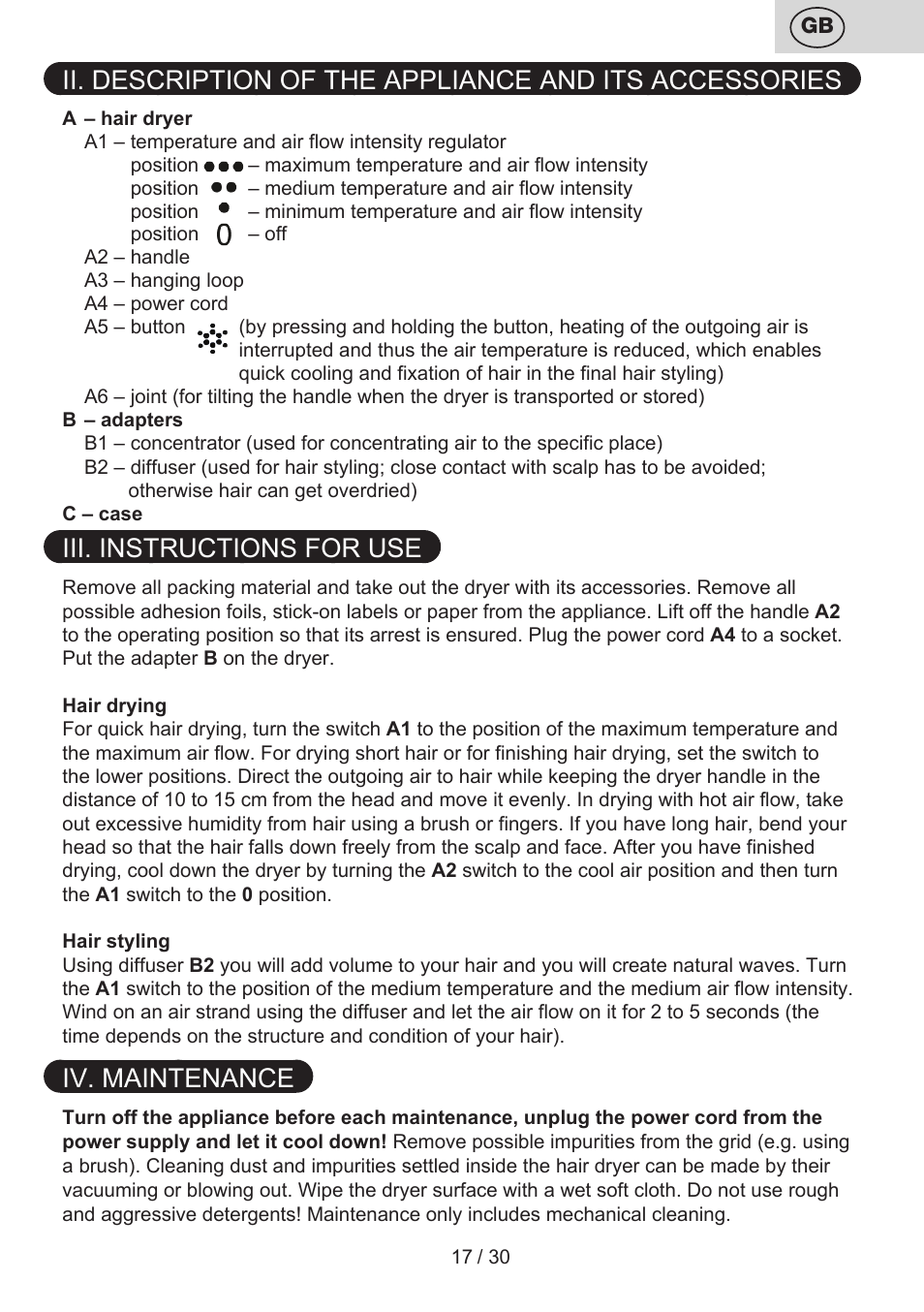 Iii. instructions for use, Iv. maintenance | ETA Liliana User Manual | Page 17 / 32