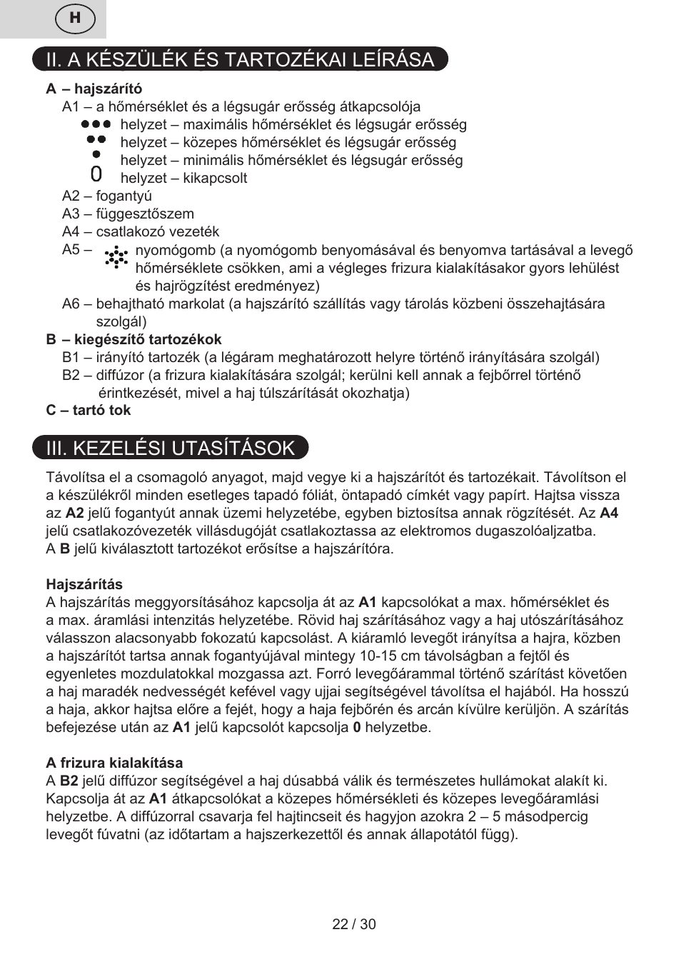 Ii. a készülék és tartozékai leírása, Iii. kezelési utasítások | ETA Liliana User Manual | Page 22 / 32